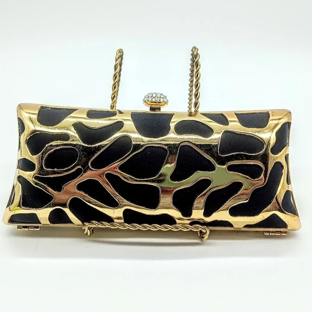 Lulu Townsend Gold Black Rhinestone Clasp Clutch Bag